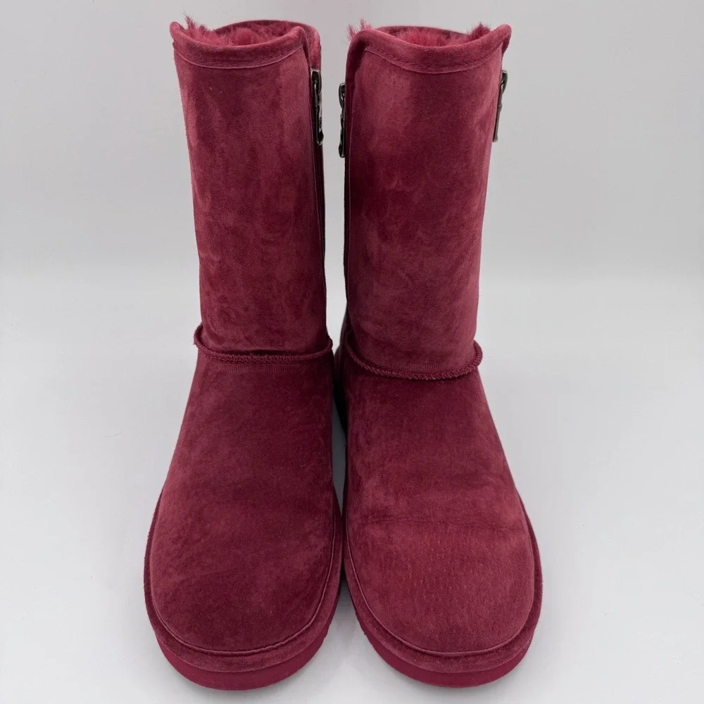 EUC Lamo Womens Mid-Calf Winter Boots Burgundy Suede Faux Fur Lined Side Zip | 9